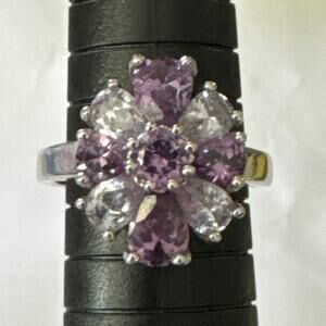 Size 8 1/4 Pear Cut Purple & Clear Stones in Silvertone Flower Setting Quality